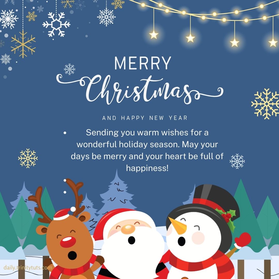 Sending you warm wishes for a wonderful holiday season. May your days be merry and your heart be full of happiness! Merry christmas